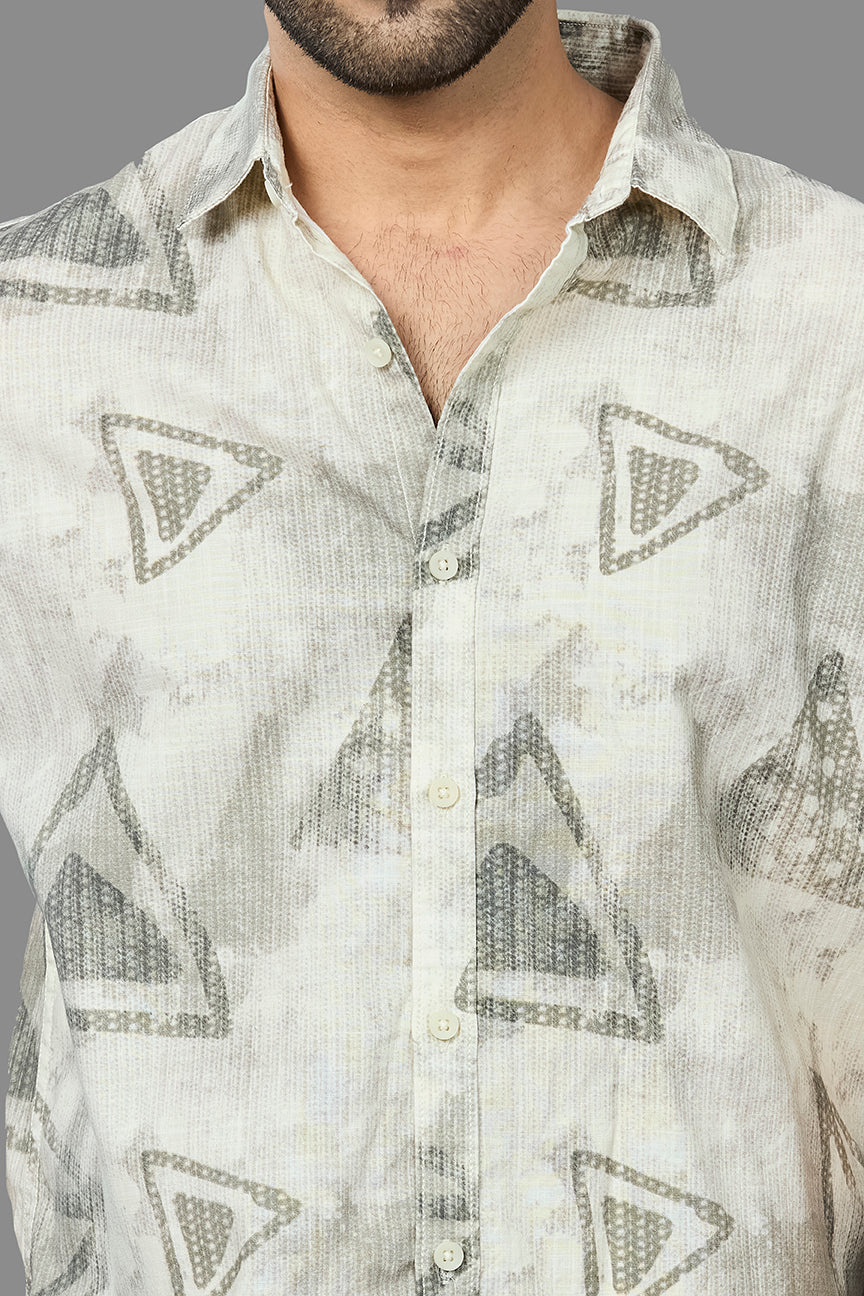 XKIND LIGHT GREEN COTTON SLUB PRINTED SHIRT