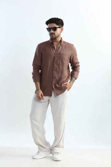 100% PURE LINEN MOCHA MOUSE BUTTON DOWN CASUAL SHIRT