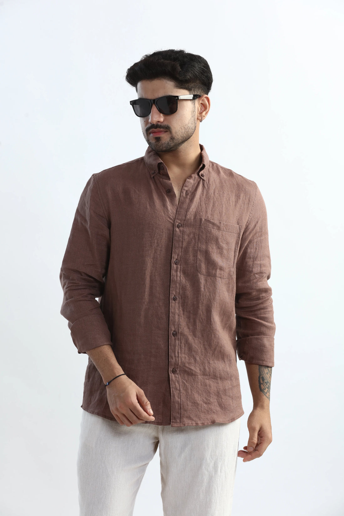 100%  PURE LINEN MOCHA MOUSE BUTTON DOWN CASUAL SHIRT