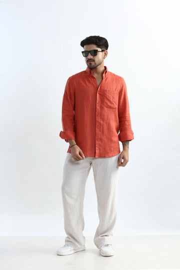 100% PURE LINEN RUSTIC RED BUTTON DOWN CASUAL SHIRT