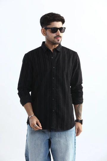 XKIND MEN'S BLACK CORDUROY SUEDE STRIPED SLIM FIT SHIRT