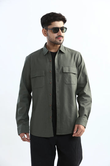 DARK GREEN TEXTURED REGULAT FIT SHIRT/ OVERSHIRT