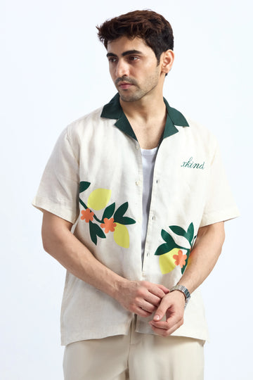 SUMMER LEAVES LINEN BLEND PRINTED CUBAN SHIRT