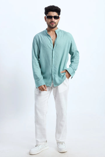 MINT GREEN LINEN BLEND MANDARIN COLLAR SHIRT