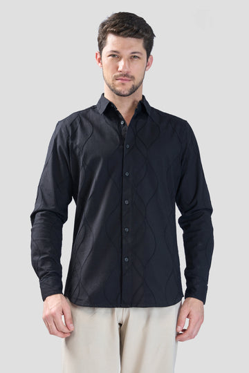 XKIND BLACK EMBROIDERY FULL SLEEVE SLIM FIT SHIRT