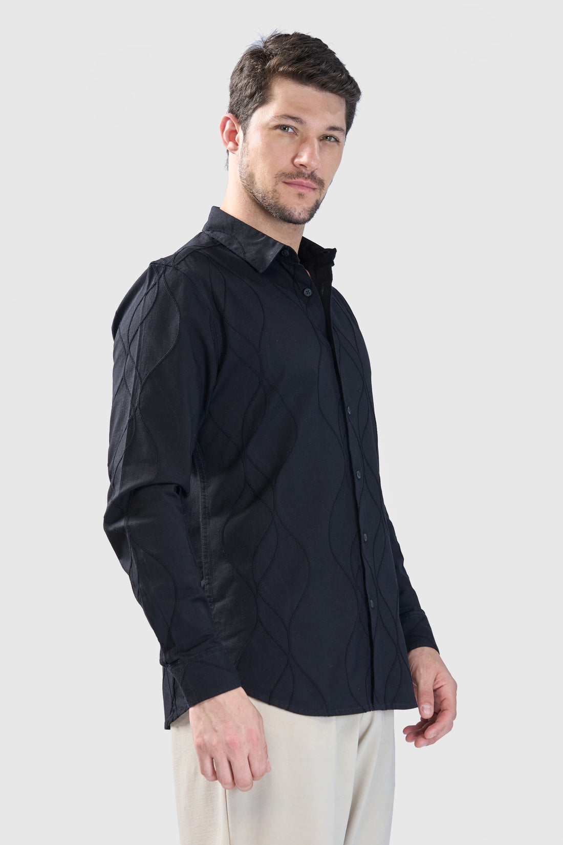XKIND BLACK EMBROIDERY FULL SLEEVE SLIM FIT SHIRT