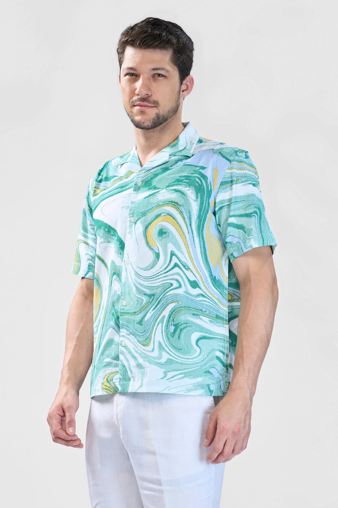 XKIND GREEN FINE CORD DROP SHOULDER PRINTED RELAXED FIT SHIRT