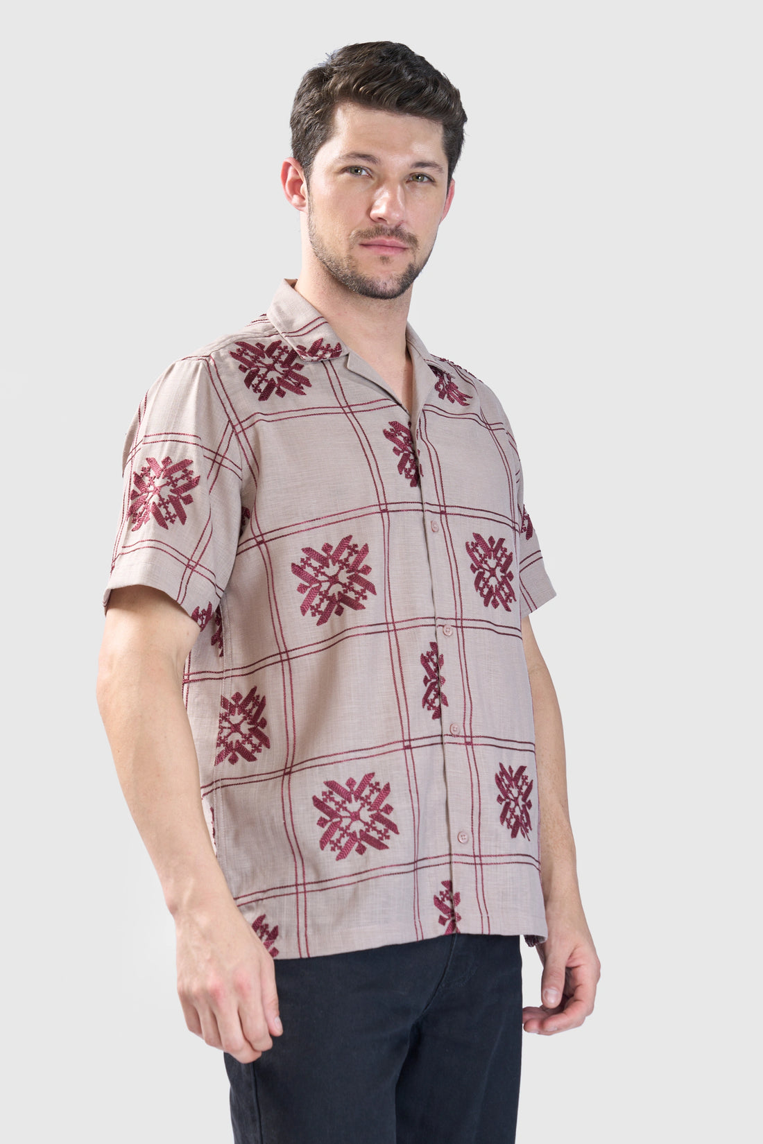 XKIND LIGHT MAROON EMBROIDERED  RELEAXED FIT SHIRT