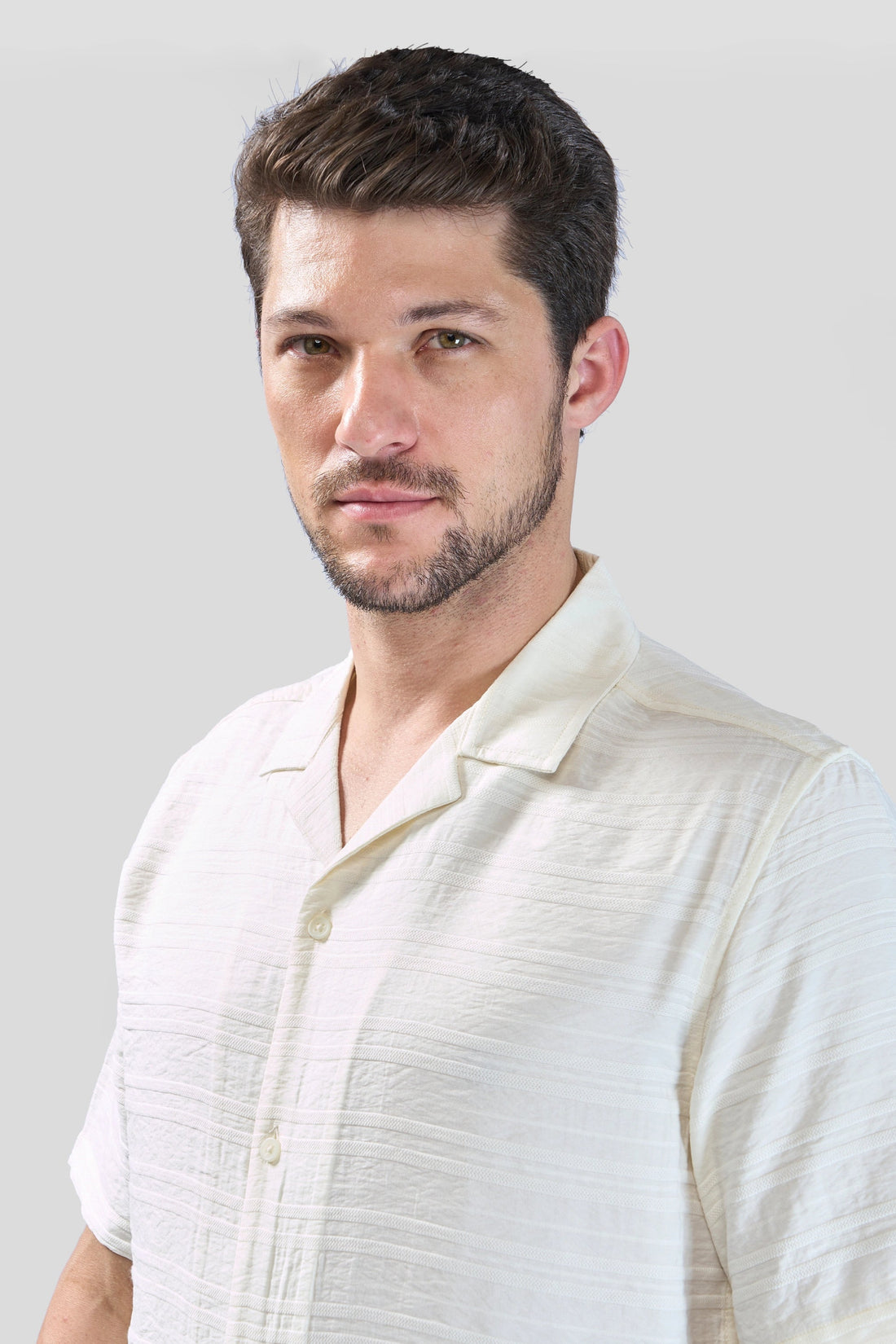 XKIND WHITE HORIZONTAL PLEATED STRIPES RELAXED FIT SHIRT