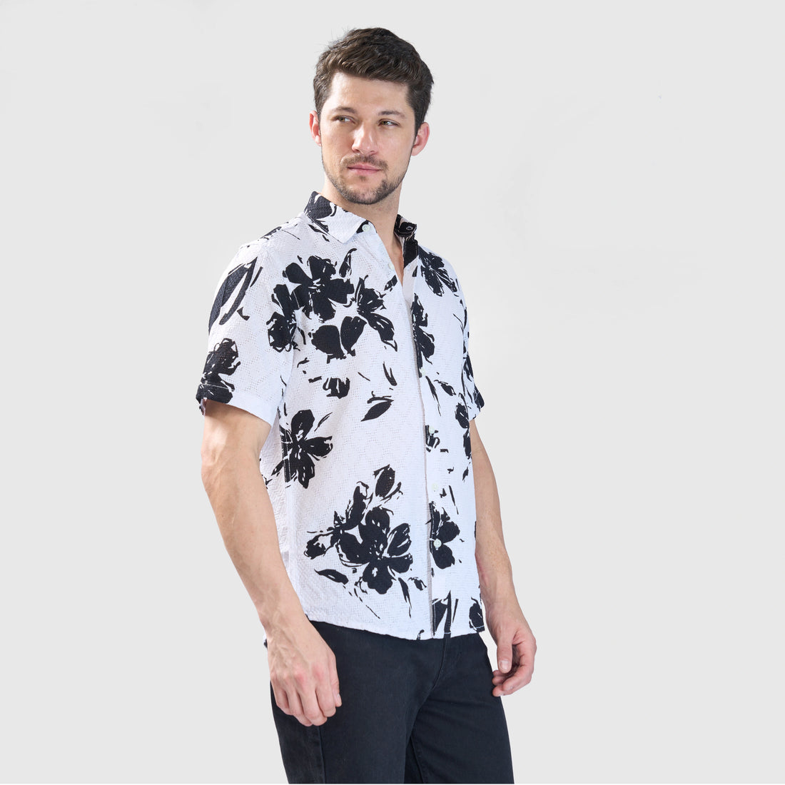 XKIND WHITE FLORAL PRINTED TEXTURED REGULAR FIT SHIRT