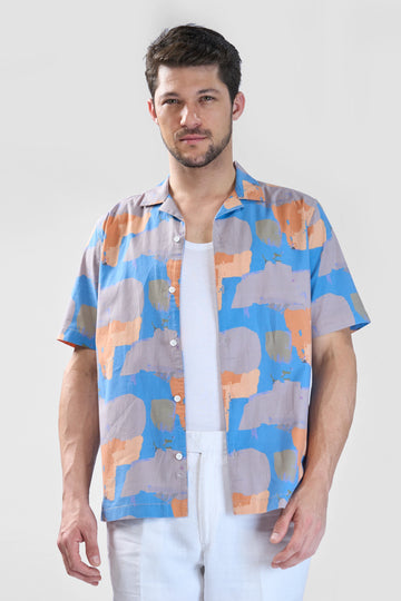XKIND BLUE ABSTRACT PRINTED RELAXED FIT SHIRT