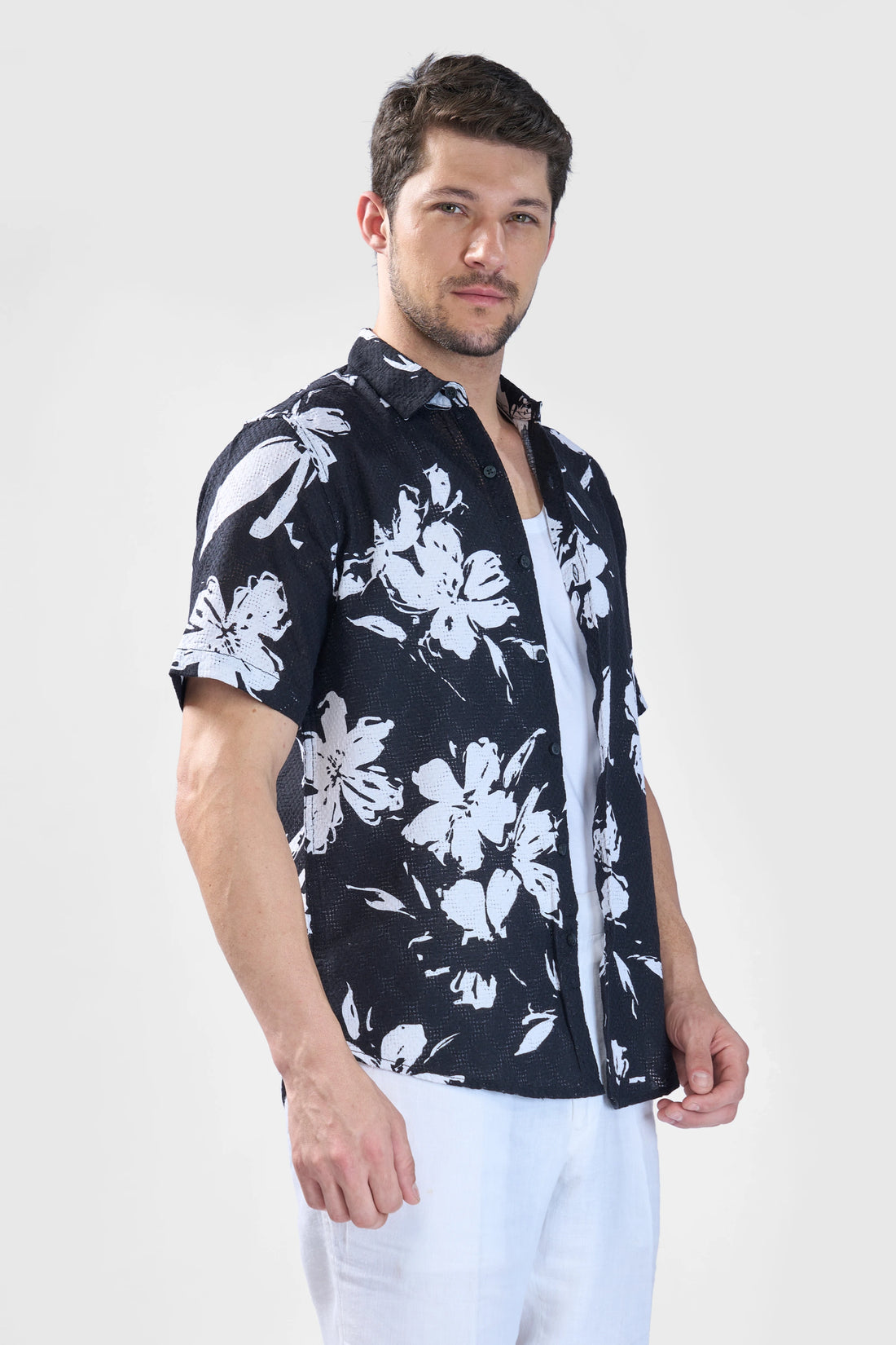 XKIND BLACK FLORAL PRINTED TEXTURED REGULAR FIT SHIRT