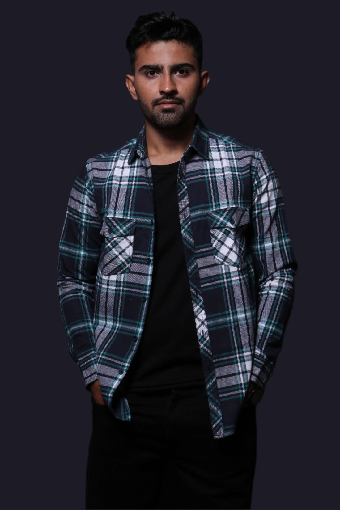 NAVY BLUE FLANNEL CHECKS REGULAR FIT SHIRT - XKIND