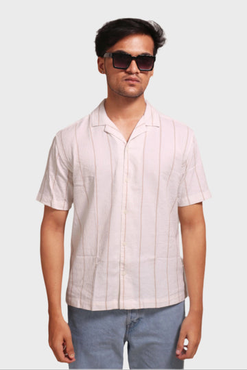 JONESBURG MEN'S WHITE BEIGE STRIPES TEXTURED RELAXED FIT SHIRT