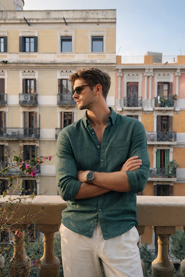 XKIND'S DARK OLIVE 100% PURE LINEN BUTTON DOWN CASUAL SHIRT