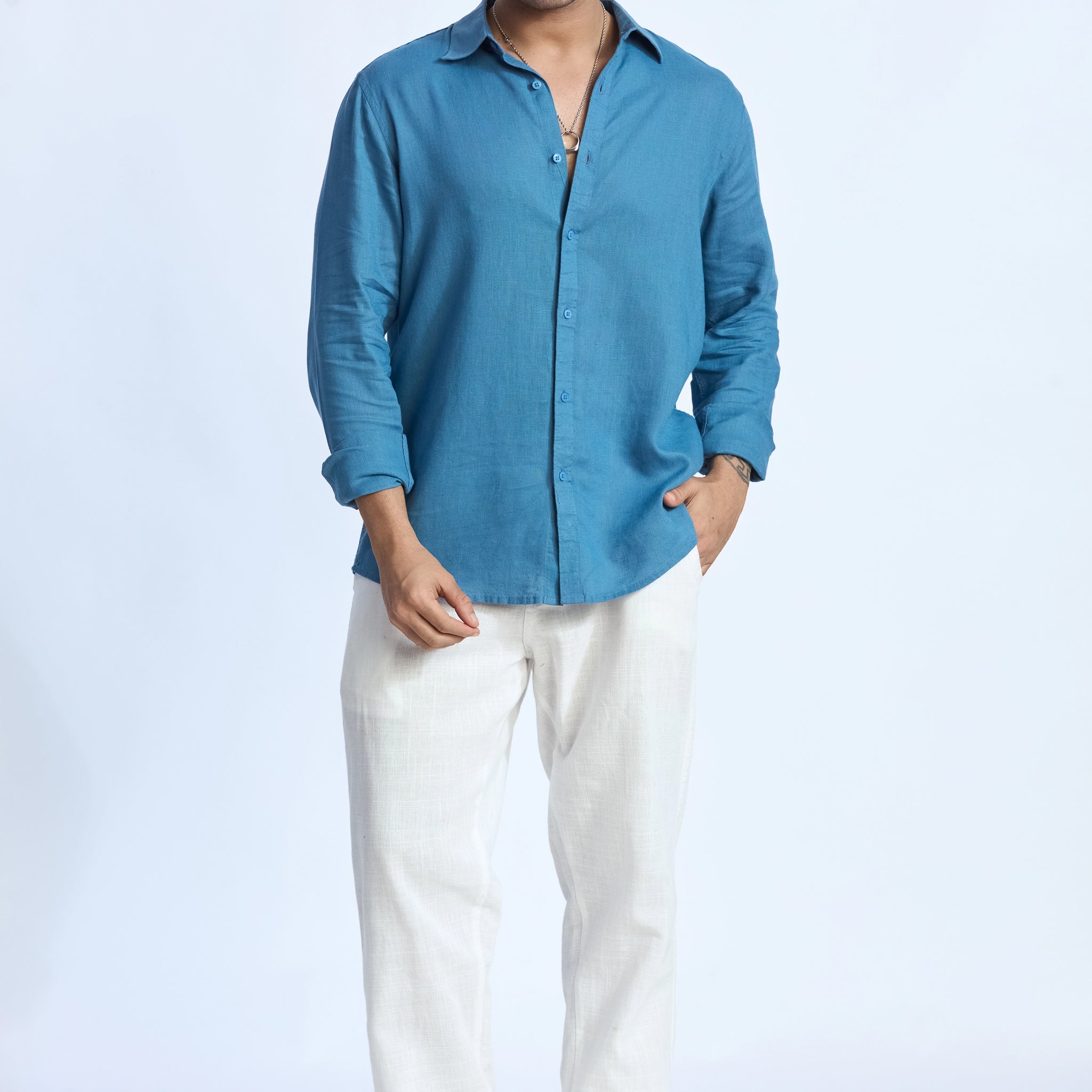STEEL BLUE LINEN BLEND SHIRT