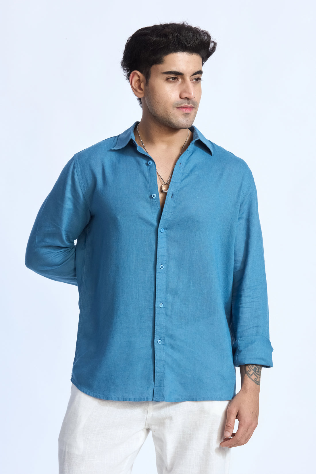 STEEL BLUE LINEN BLEND SHIRT