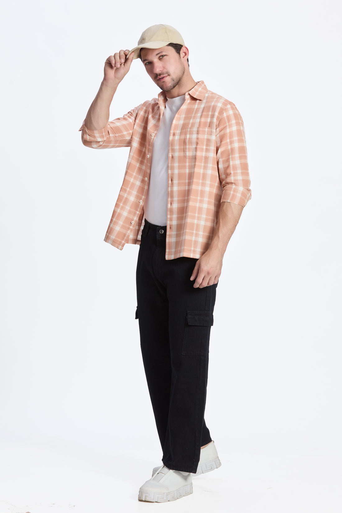 LIGHT ORANGE  CROPPED FIT CHECK SHIRT