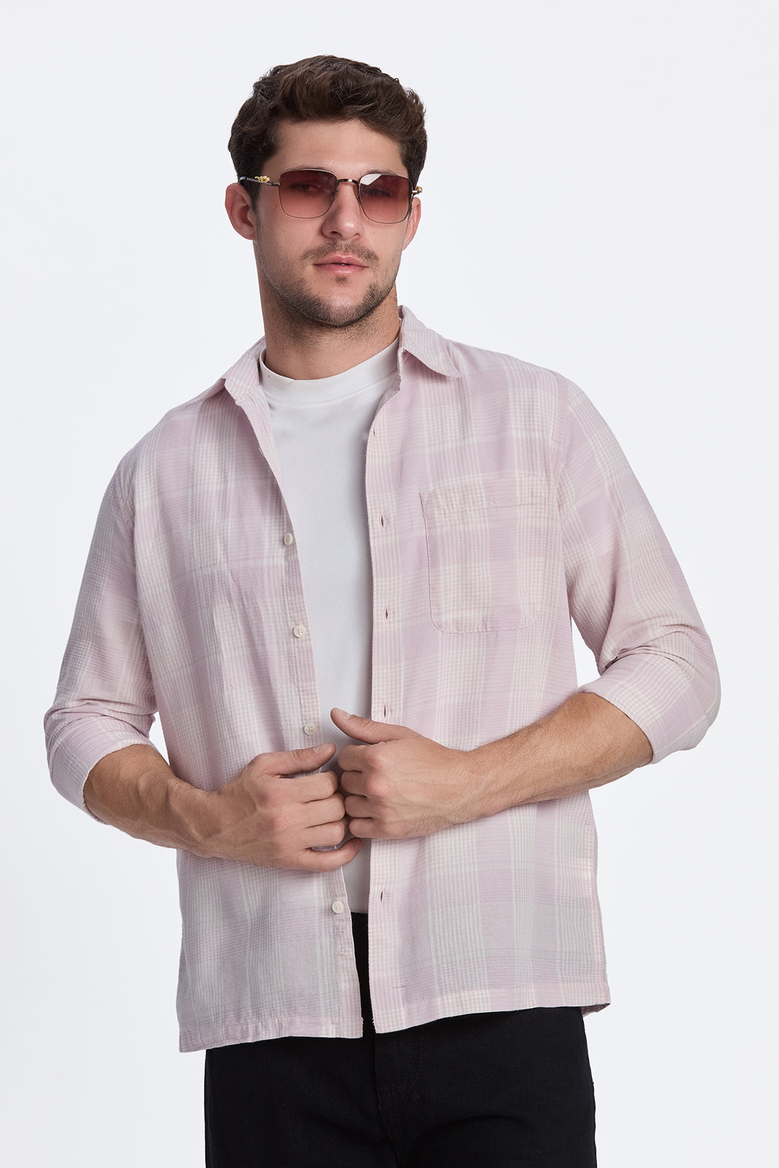 LIGHT PINK CROPPED FIT CHECK SHIRT