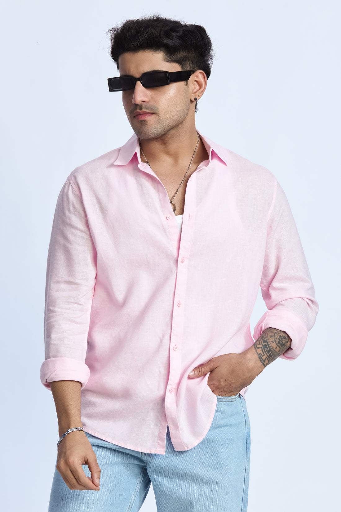 SOFT PINK LINEN BLEND MANDARIN COLLAR SHIRT