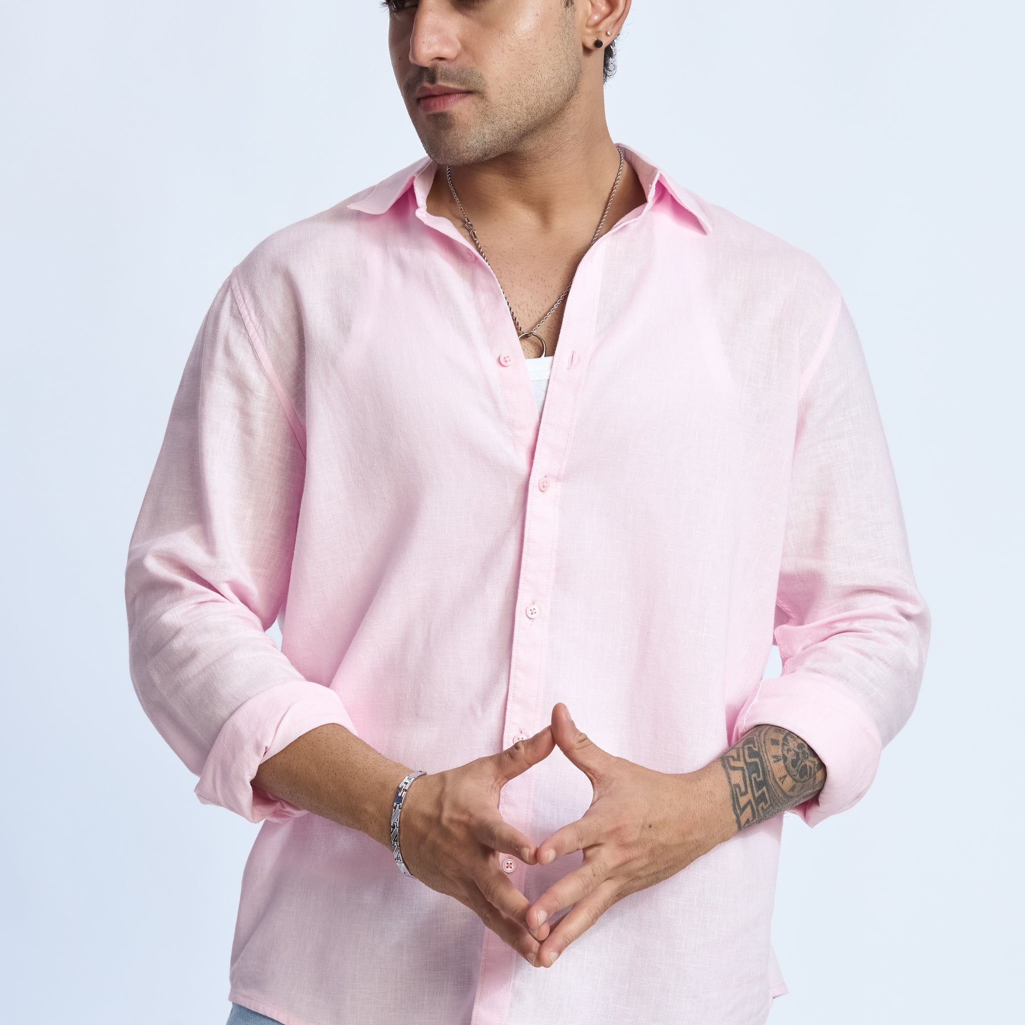 SOFT PINK LINEN BLEND MANDARIN COLLAR SHIRT