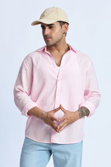 SOFT PINK LINEN BLEND MANDARIN COLLAR SHIRT