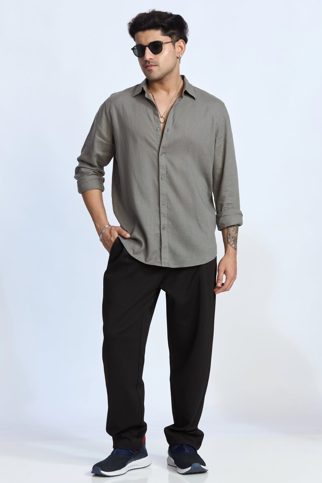 OLIVE LINEN BLEND SHIRT