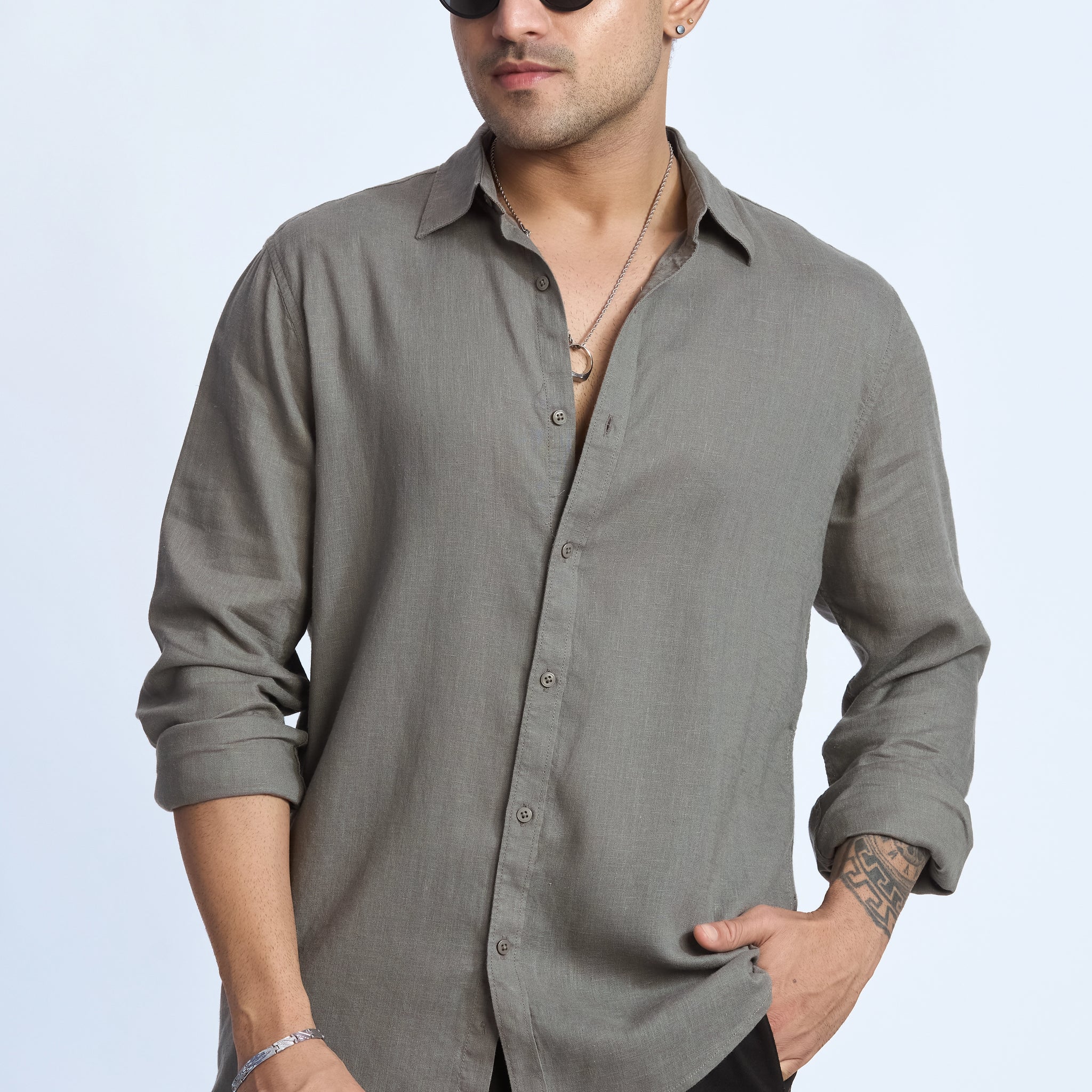 OLIVE LINEN BLEND SHIRT