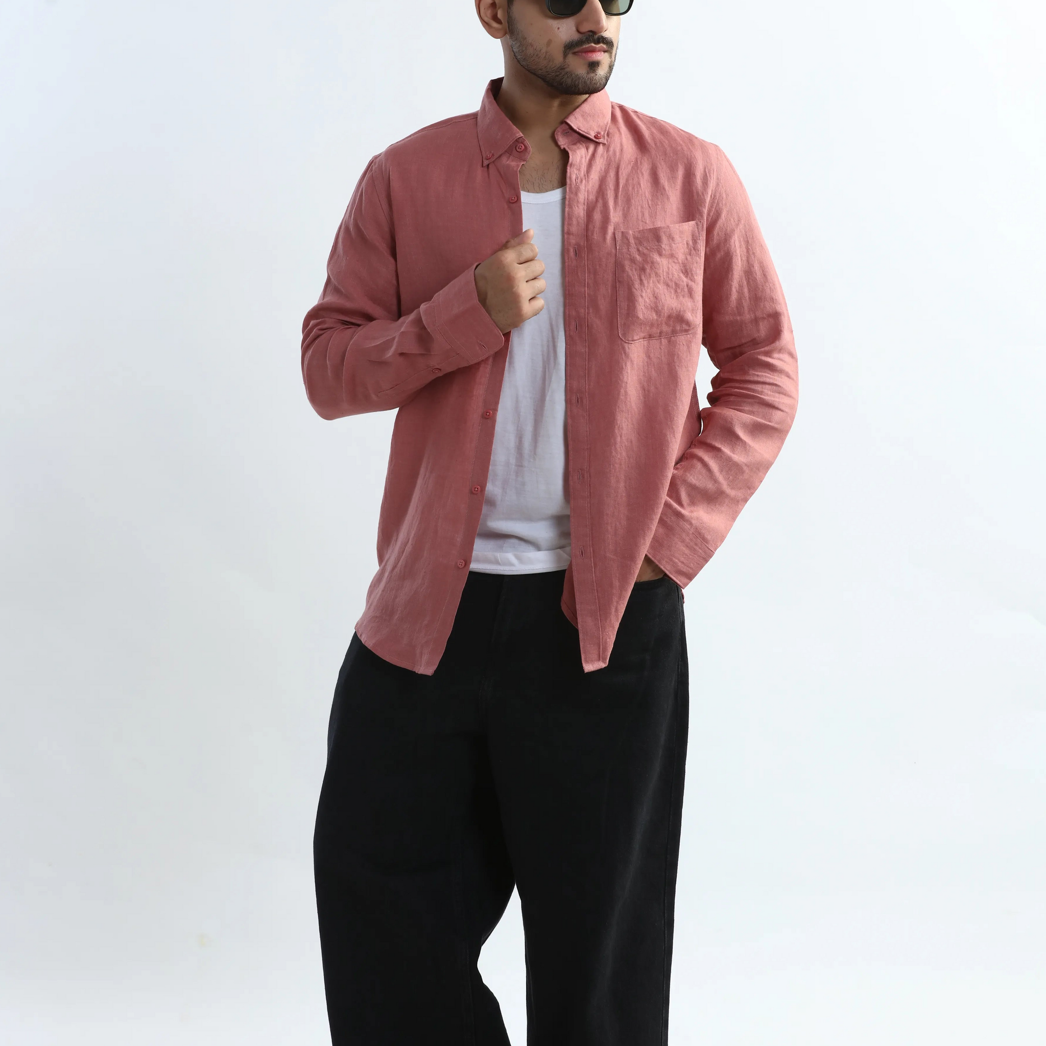 100% PURE LINEN SOFT PEACH BUTTON DOWN CASUAL SHIRT