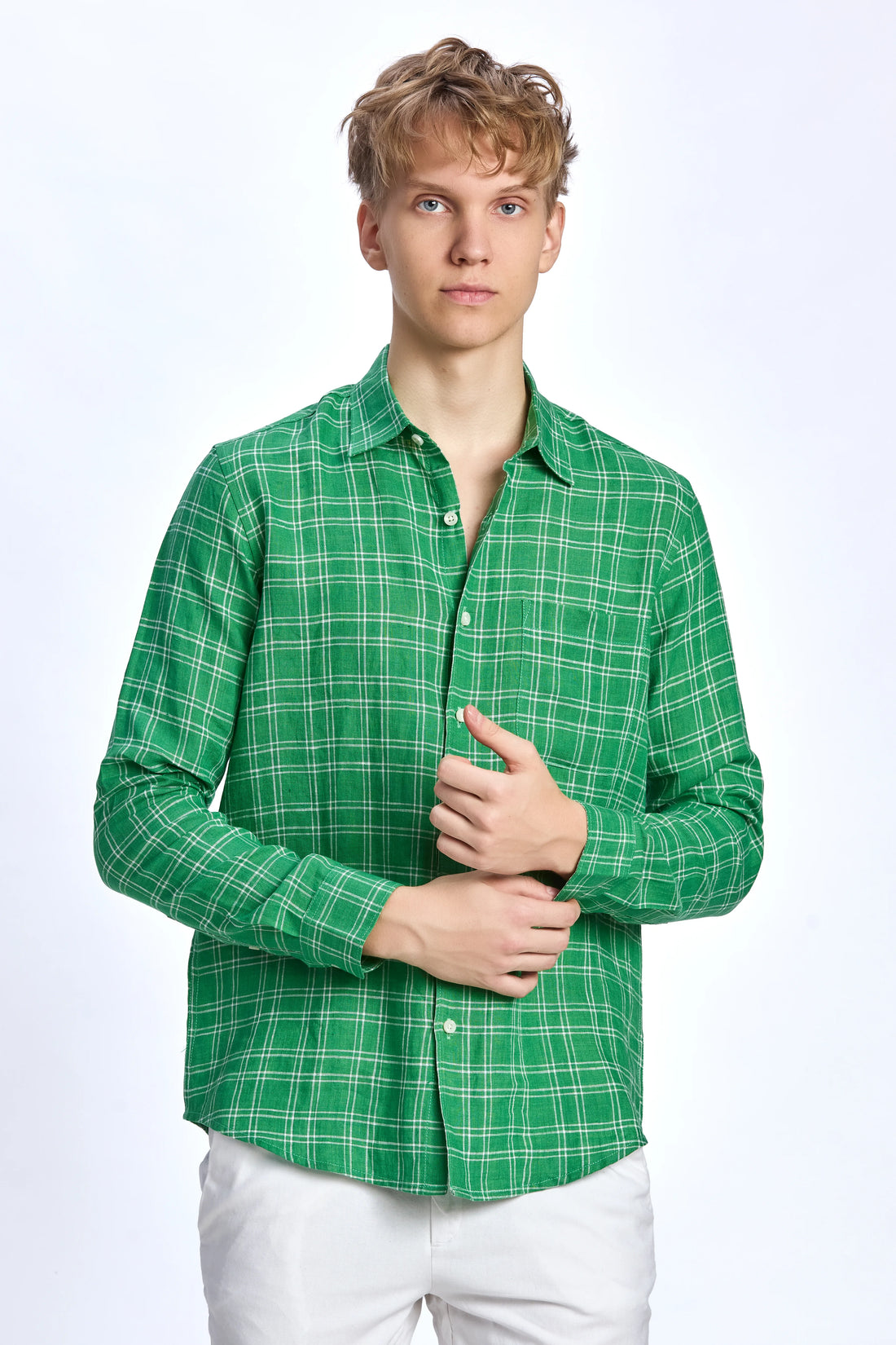 100% PURE LINEN GREEN CHECK