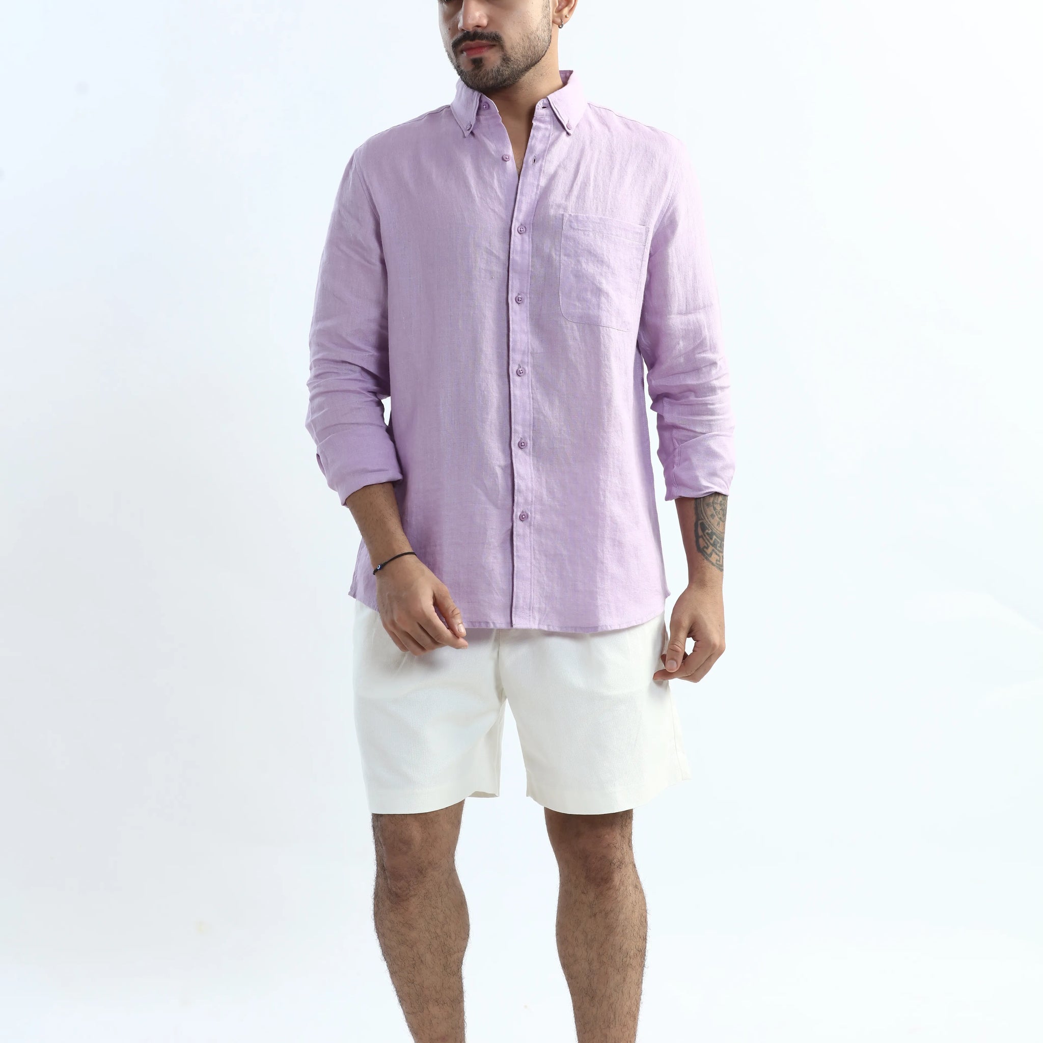 100% PURE LINEN LAVENDER BUTTON DOWN CASUAL SHIRT