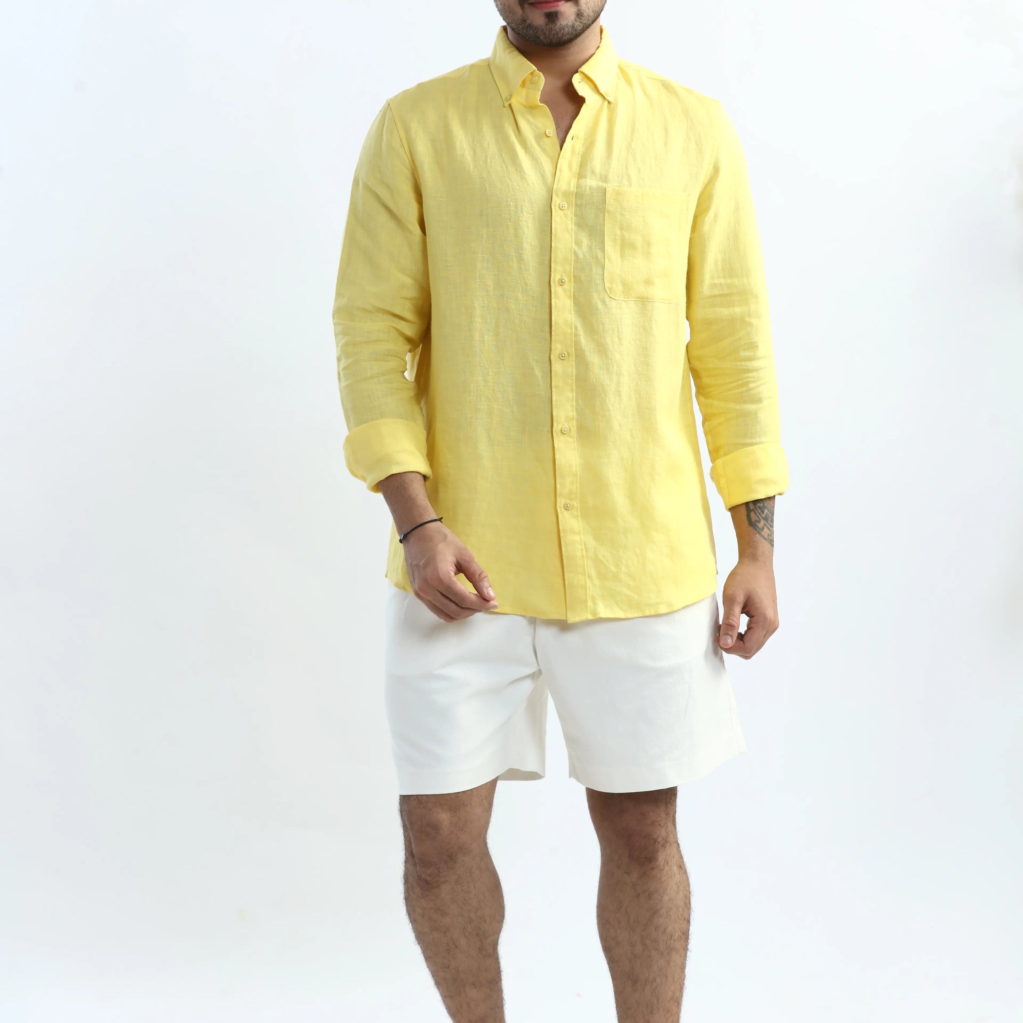 100% PURE LINEN BUTTERCUP YELLOW BUTTON DOWN CASUAL SHIRT