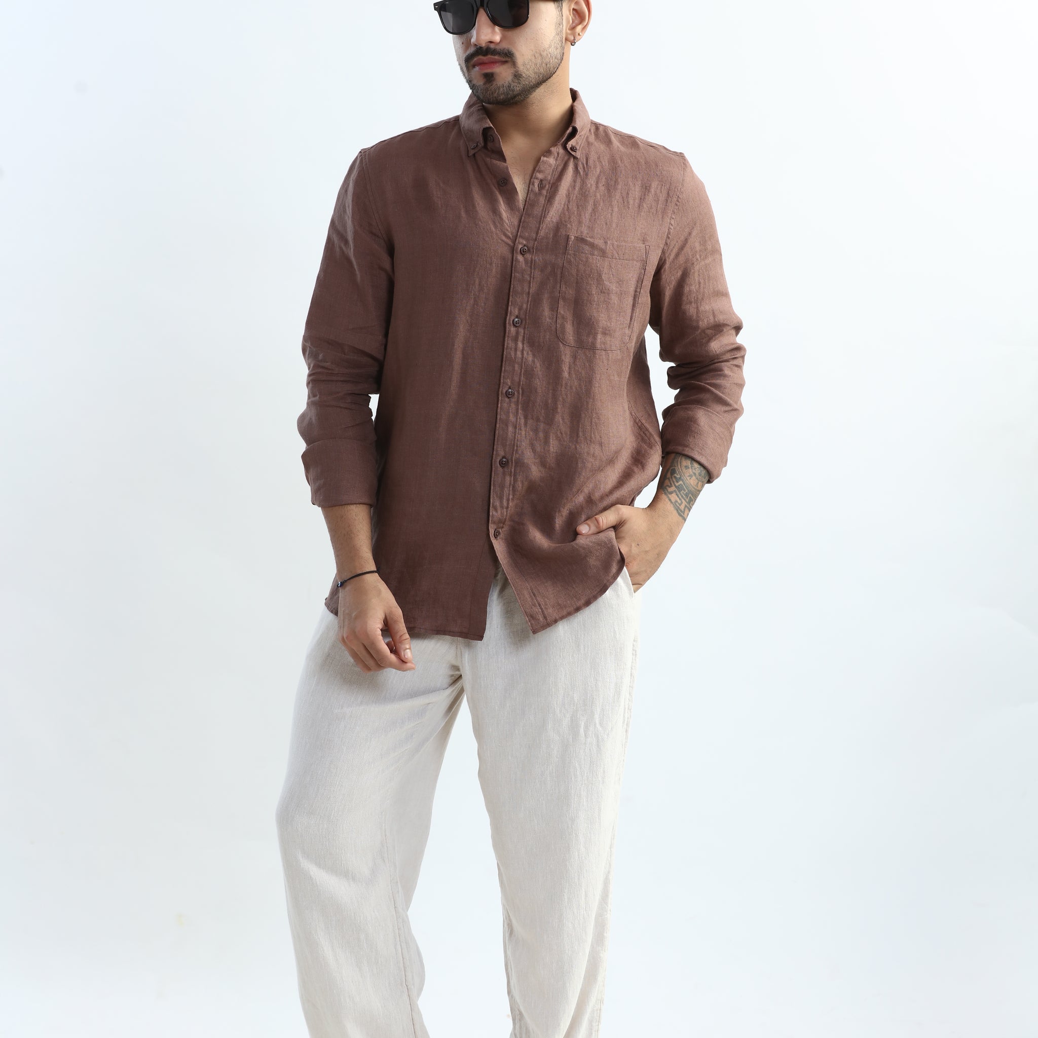 100%  PURE LINEN MOCHA MOUSE BUTTON DOWN CASUAL SHIRT