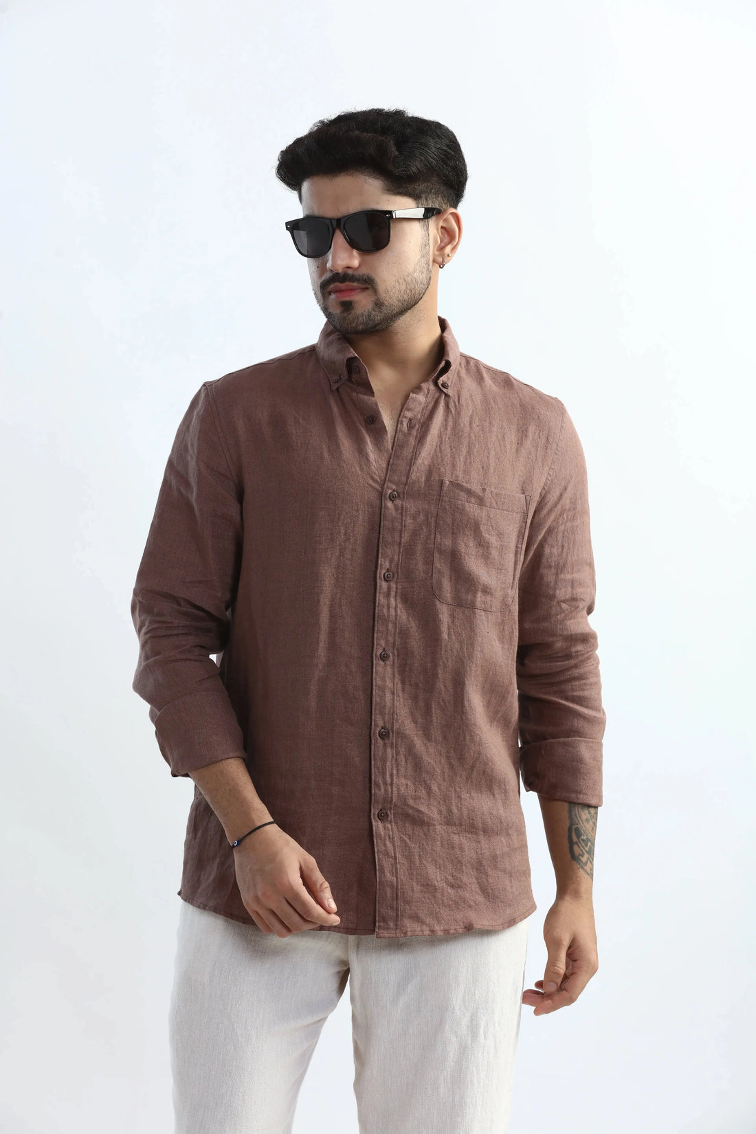 100% PURE LINEN MOCHA BROWN BUTTON DOWN CASUAL SHIRT