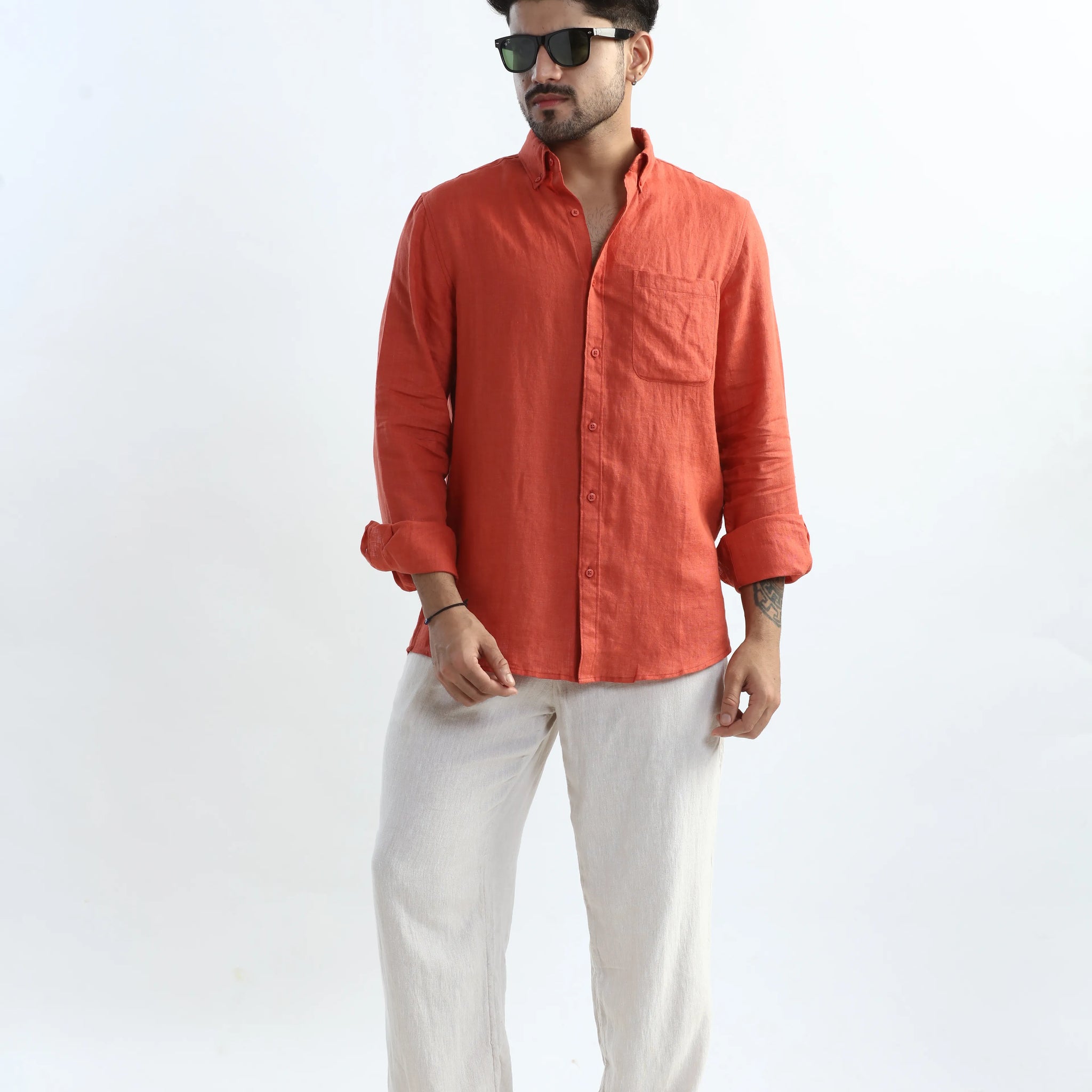 100% PURE LINEN RUSTIC RED BUTTON DOWN CASUAL SHIRT