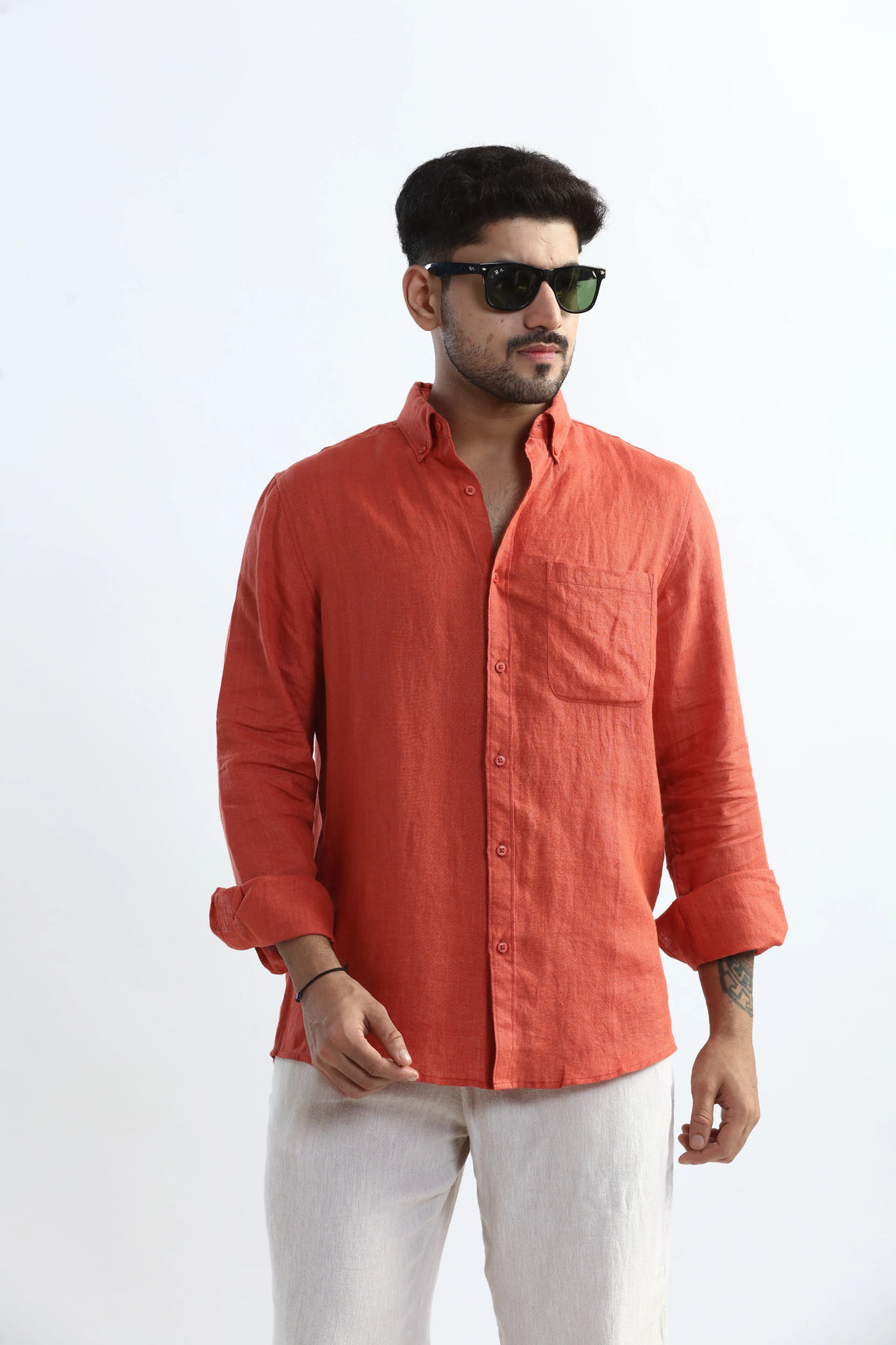 100% PURE LINEN RUSTIC RED BUTTON DOWN CASUAL SHIRT