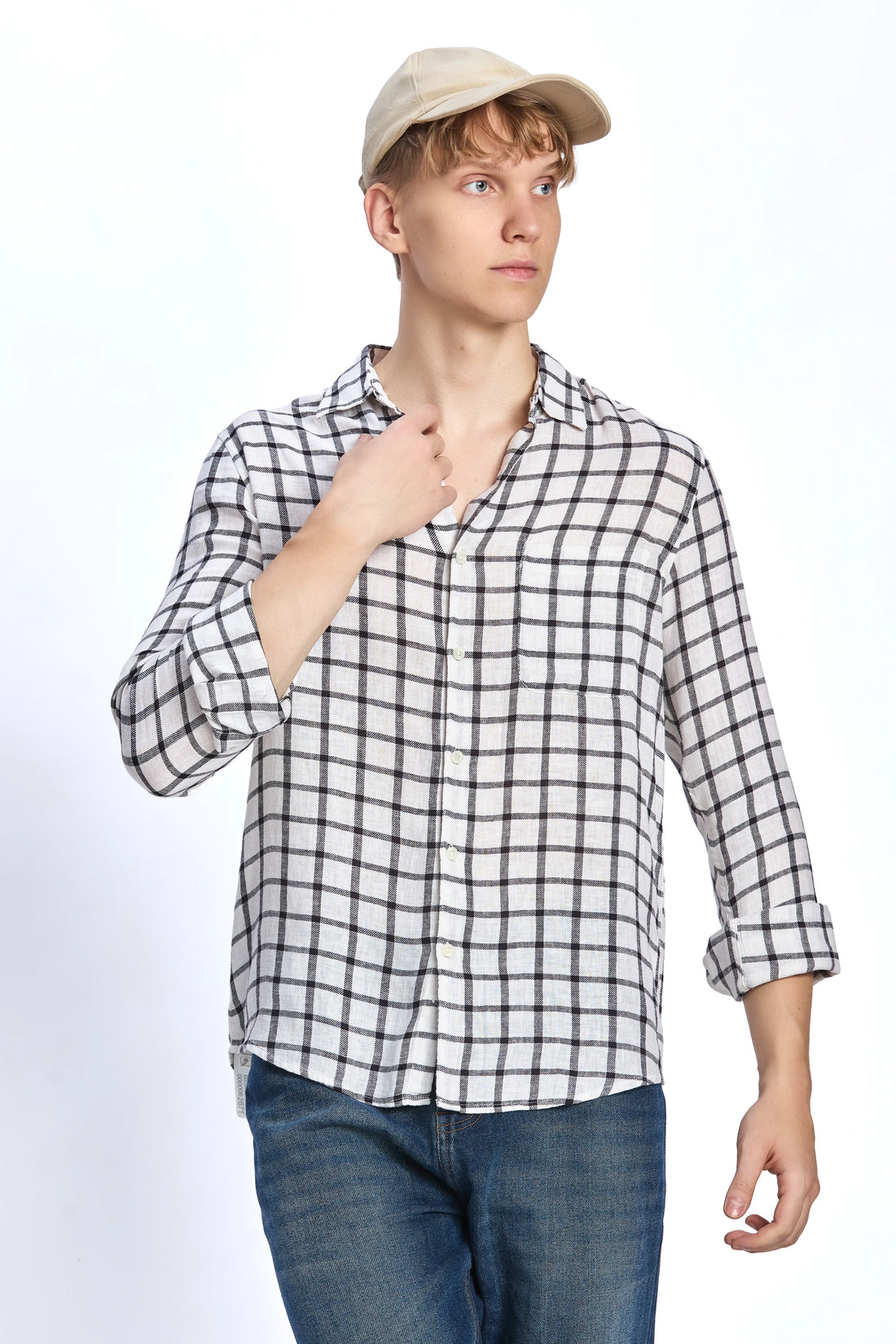 LINEN COTTON WHITE CHECK REGULAR FIT SHIRT