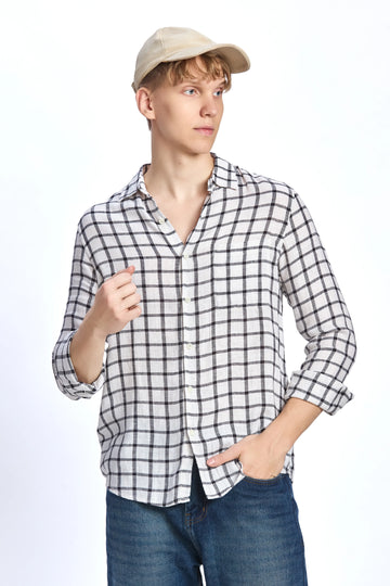 LINEN COTTON WHITE CHECK REGULAR FIT SHIRT