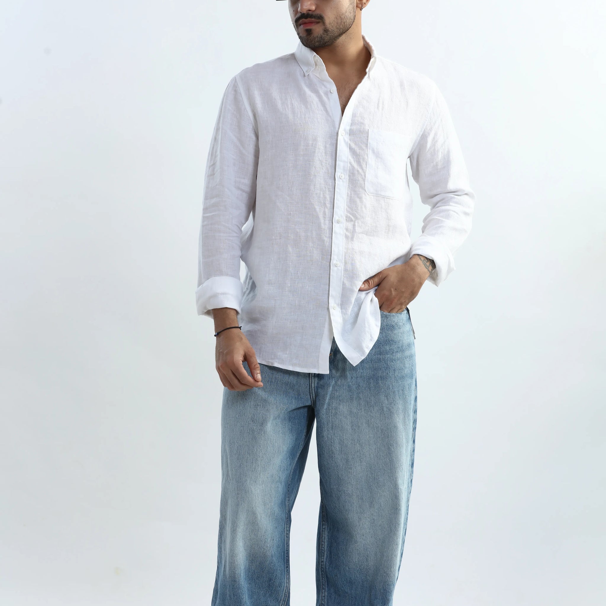 100% PURE LINEN WHITE  BUTTON DOWN CASUAL SHIRT