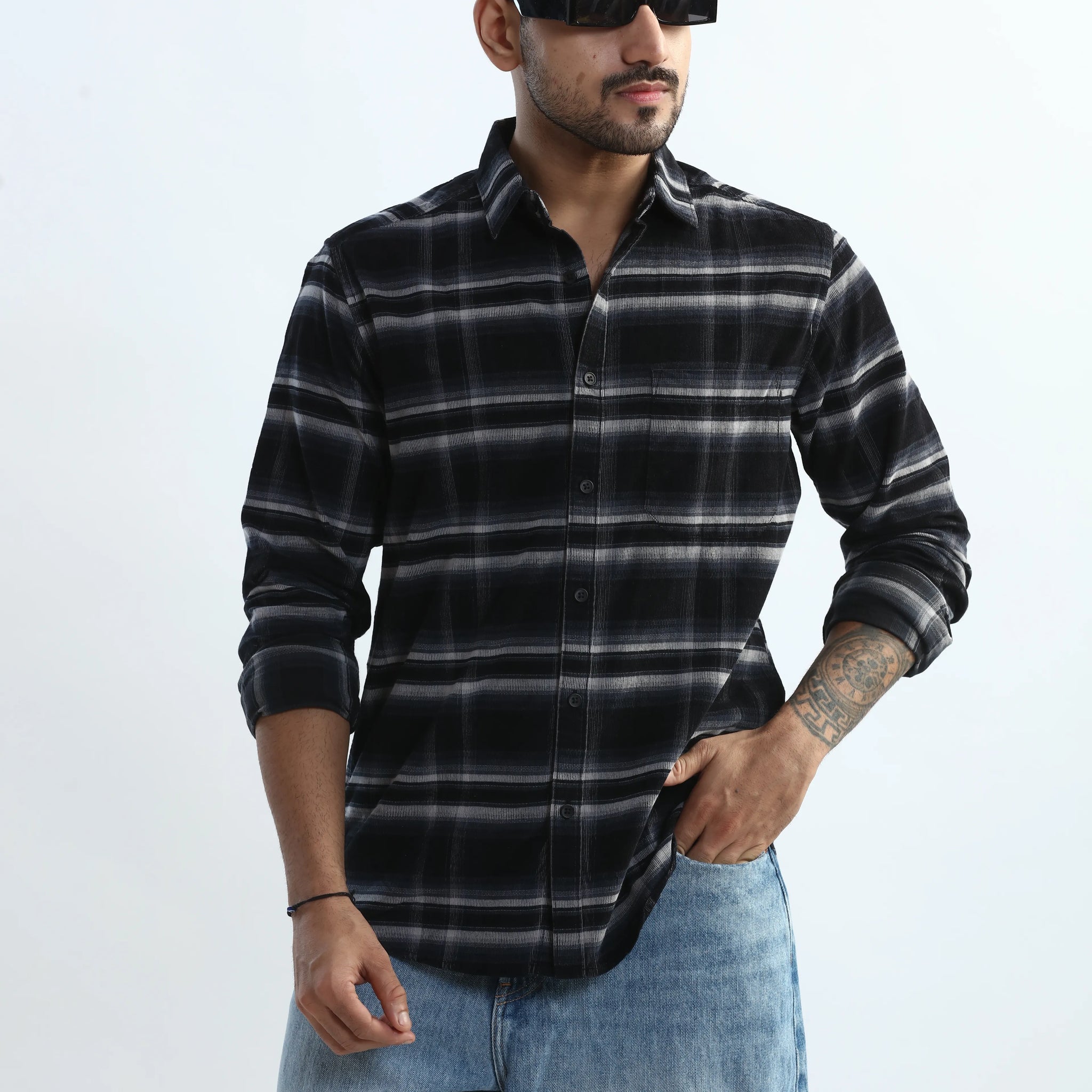 XKIND BLACK FINE CORDUROY CHECKS REGULAR FIT SHIRT