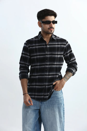 XKIND BLACK FINE CORDUROY CHECKS REGULAR FIT SHIRT