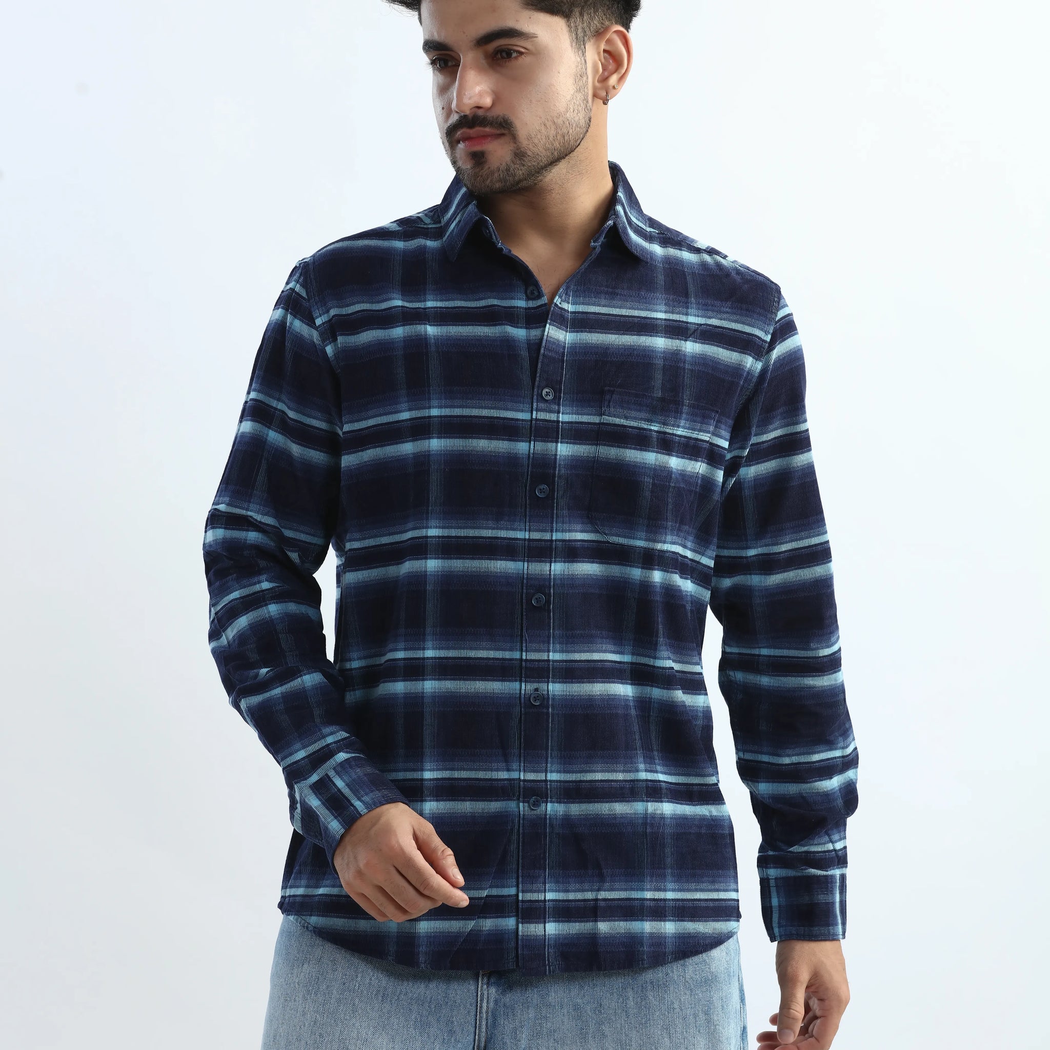 XKIND MEN'S NAVY BLUE FINE CORDUROY CHECKS REGULAR FIT SHIRT