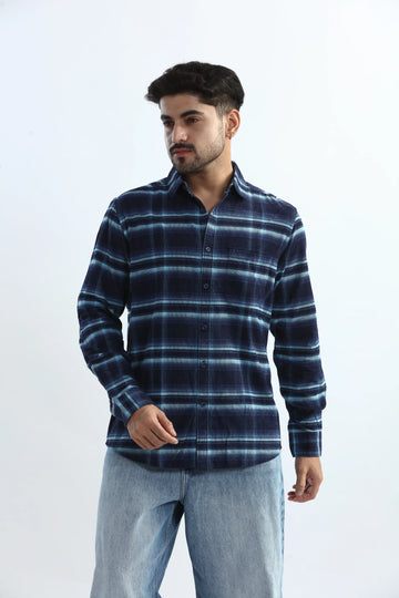 XKIND MEN'S NAVY BLUE FINE CORDUROY CHECKS REGULAR FIT SHIRT