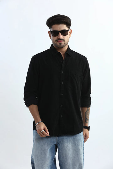 XKIND MEN'S BLACK FINE CORDUROY REGULAR FIT SHIRT