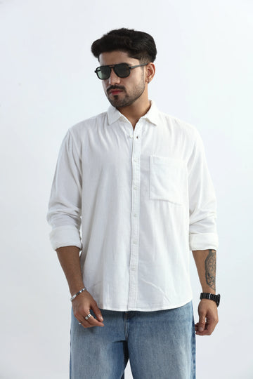 XKIND MEN'S WHITE CORDUROY REGULAR FIT SHIRT