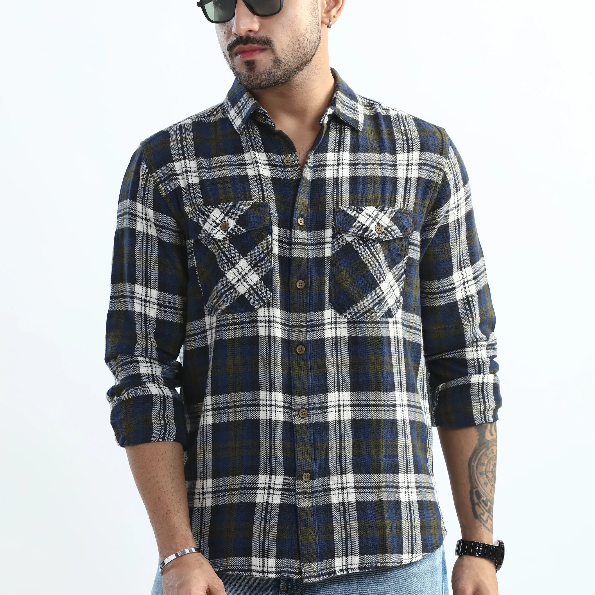XKIND MEN'S NAVY BLUE TEXTURED CHECKS REGULAR FIT SHIRT