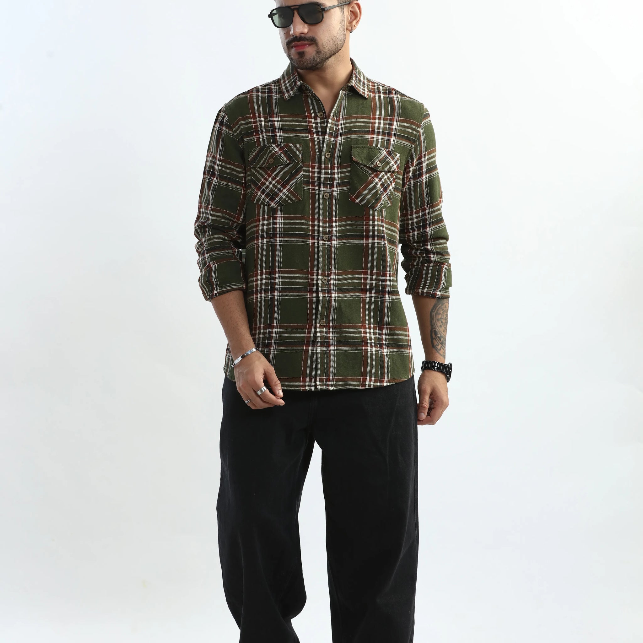 XKIND MENS'S OLIVE GREEN TEXTURED CHECKS REGULAR FIT SHIRT