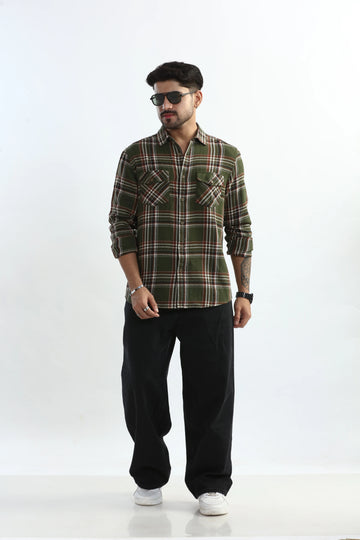XKIND MENS'S OLIVE GREEN TEXTURED CHECKS REGULAR FIT SHIRT