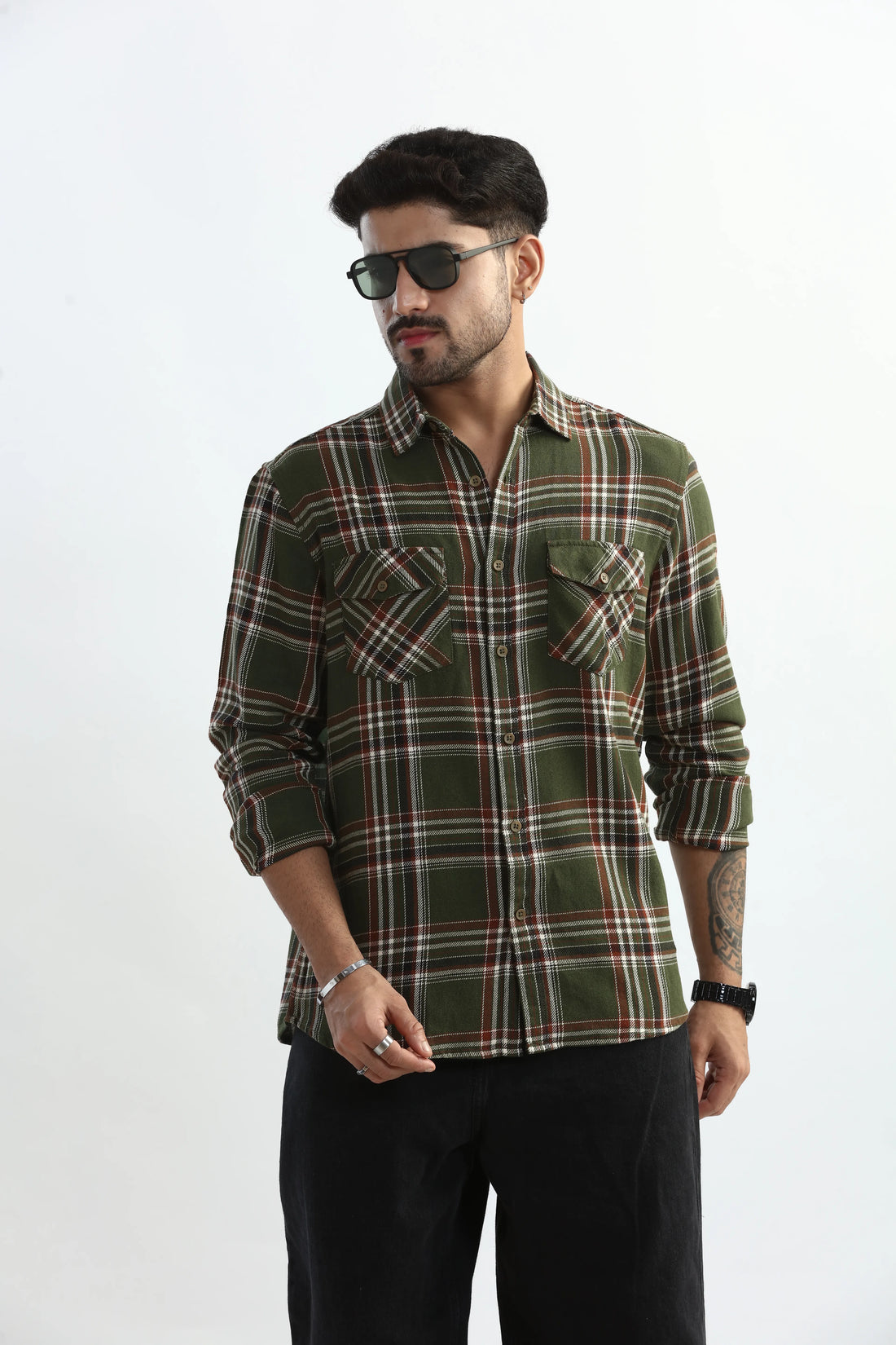 XKIND MENS'S OLIVE GREEN TEXTURED CHECKS REGULAR FIT SHIRT