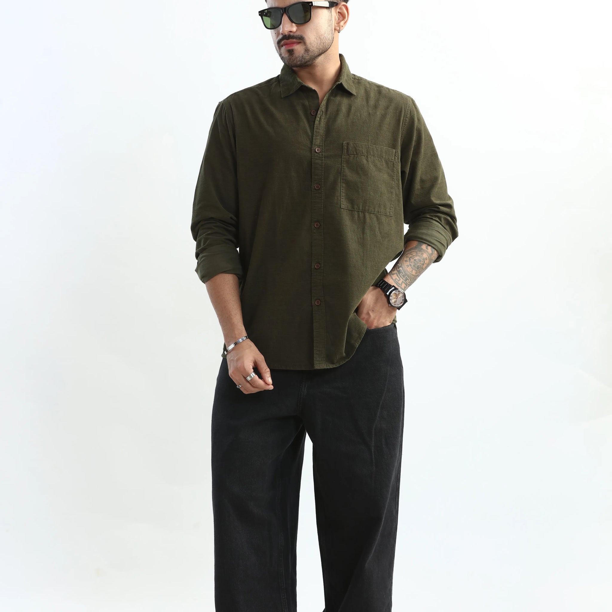 XKIND OLIVE GREEN FINE CORD SHIRT